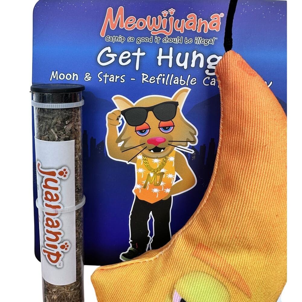 Meowijuana “Get Hung” Moon & Stars Catnip Toy +‎ Refillable Juananip Tube
